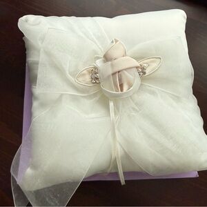 Elegant White Ring Bearer Pillow with beige trim